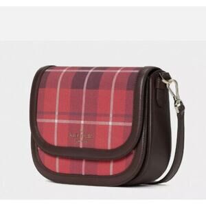 KATE SPADE PLAID SADDLE BAG "BLAKE" CROSSBODY PURSE BRIGHT ROSE RED & BLACK NEW!